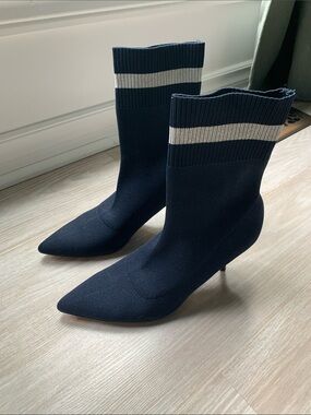 Zara Navy Sock Booties with Light Gray metallic Stripe